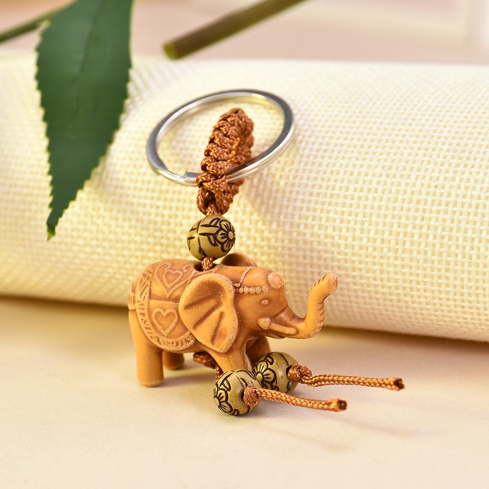 Móc khóa trang trí hình con voi màu gỗ nạm khắc cầu may cho nam nữ