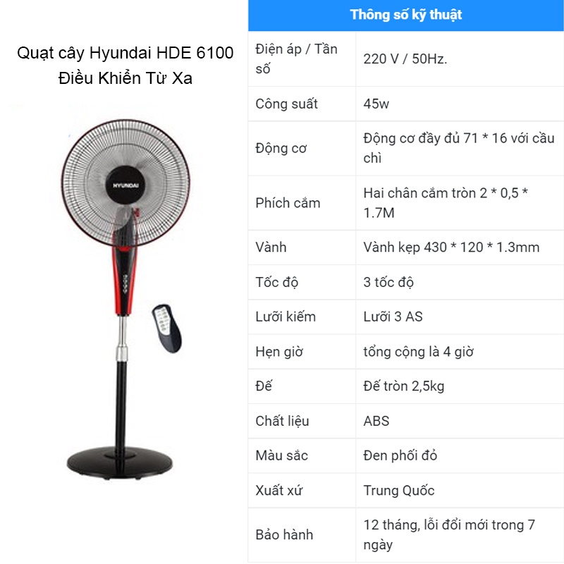 Quạt Cây Hyundai Chính Hãng HDE 6100 Có Điều Khiển Từ Xa