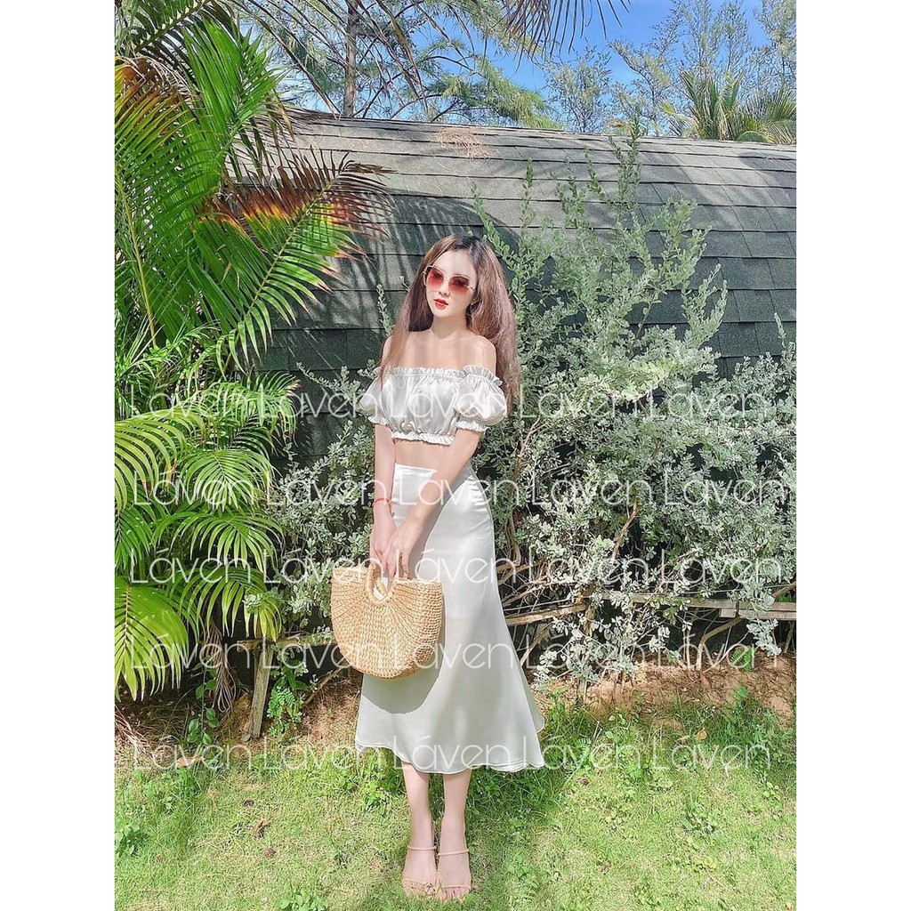 Sét áo và chân váy nữ dự tiệc dễ thương, áo croptop kiểu bo thun phối chân váy chất lụa bóng cao cấp thiết kế trẻ trung | BigBuy360 - bigbuy360.vn