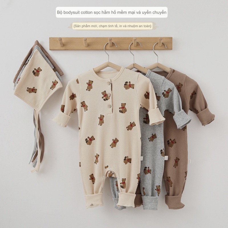 Bodysuit Dài Tay Kèm Mũ Cotton Sơ Sinh Quảng Châu Cao Cấp Cho Bé 0-12 Tháng Tuổi. Style Gấu Hàn Quốc Cực Đẹp Mẫu Mới