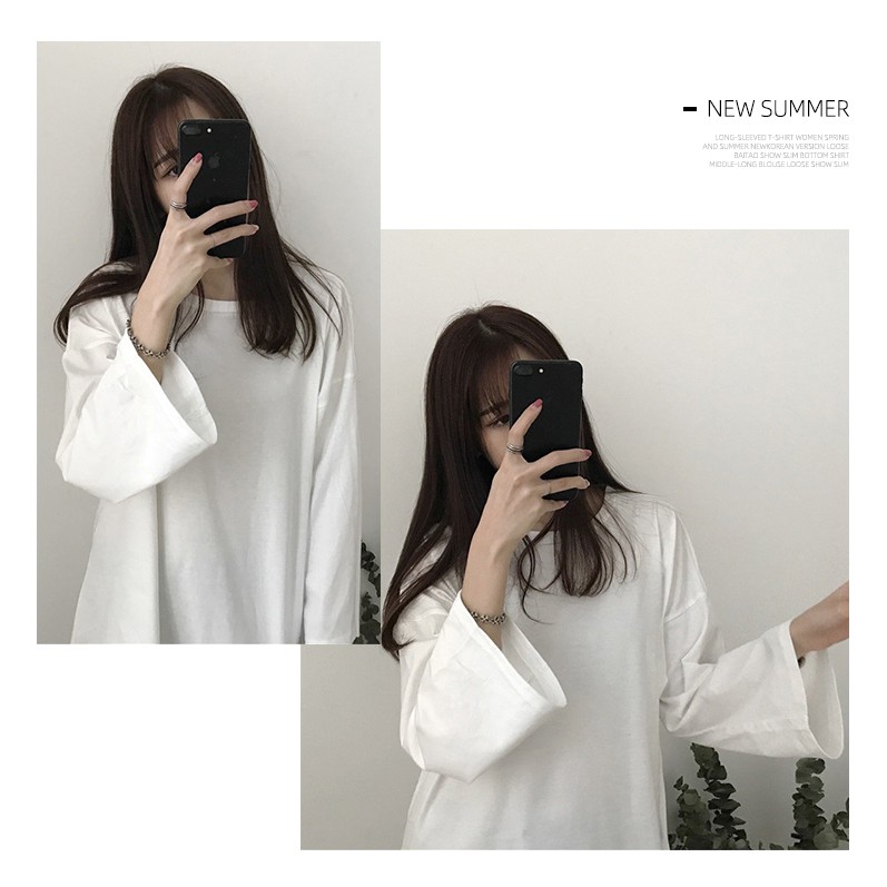 SUXI Áo thun cổ tròn màu trơn dáng rộng cỡ lớn thời trang nữ phong cách Hàn Quốc