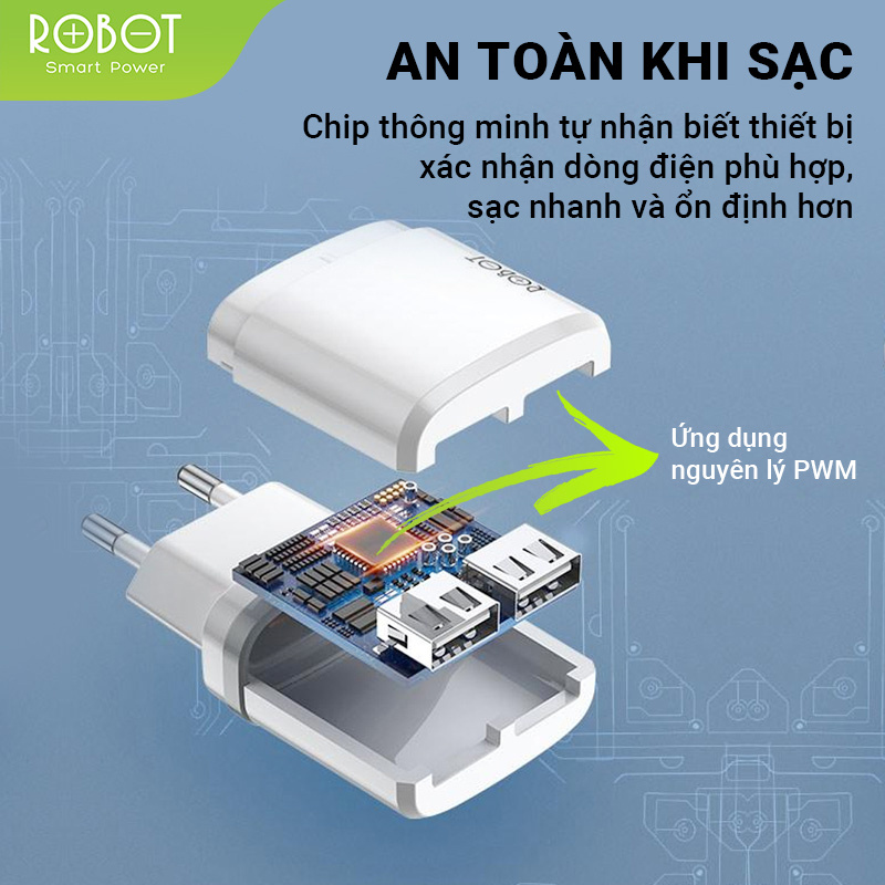 Cốc sạc nhanh an toàn 2.1A Robot RT-K9 2 cổng sạc ra USB, nhiều lớp bảo vệ an toàn, tặng kèm cáp sạc Micro, độ bền cao