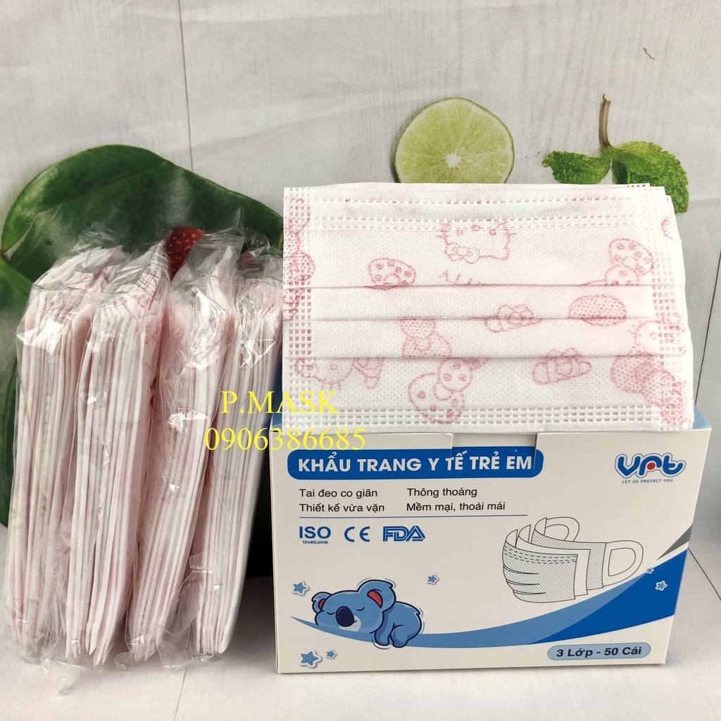 Khẩu trang y tế cho bé 3 lớp kháng khuẩn hộp 50 cái màu Xanh/ in hình dễ thương – Khẩu trang cho bé từ 6 – 13 tuổi