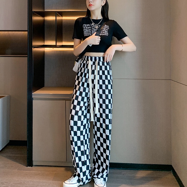 SUXI Quần Dài Lưng Cao Ống Rộng Họa Tiết Sọc Caro Thời Trang Mùa Hè Cho Nữ