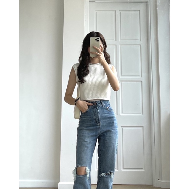 Quần jeans rách 2 gối xanh đậm | BigBuy360 - bigbuy360.vn