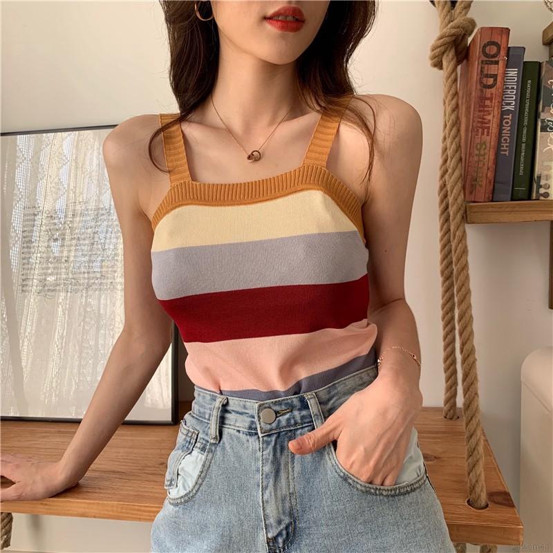 [Mã FASHIONT4WA2 giảm 10K đơn 50K] Áo sát nách dệt kim hoạ tiết kẻ sọc cho phái nữ | BigBuy360 - bigbuy360.vn