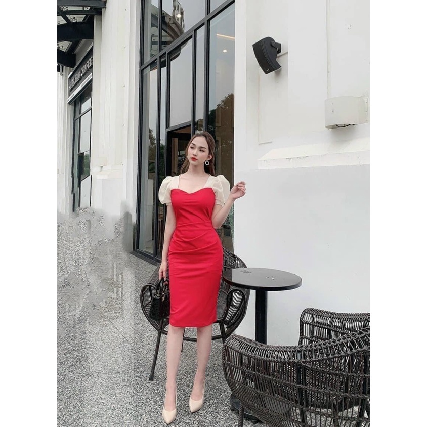 Đầm body thiết kế sang trọng tay bồng đen đỏ vàng dành cho chị em đi làm viêc nơi công sở,đi dự tiệc tự tin | BigBuy360 - bigbuy360.vn