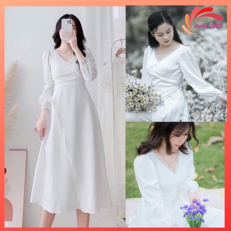 Váy trắng vintage dự tiệc cưới sang trọng đầm maxi đắp chéo tà kết ngọc tay dài cô dâu V00207 full size AĐ BOUTIQUE