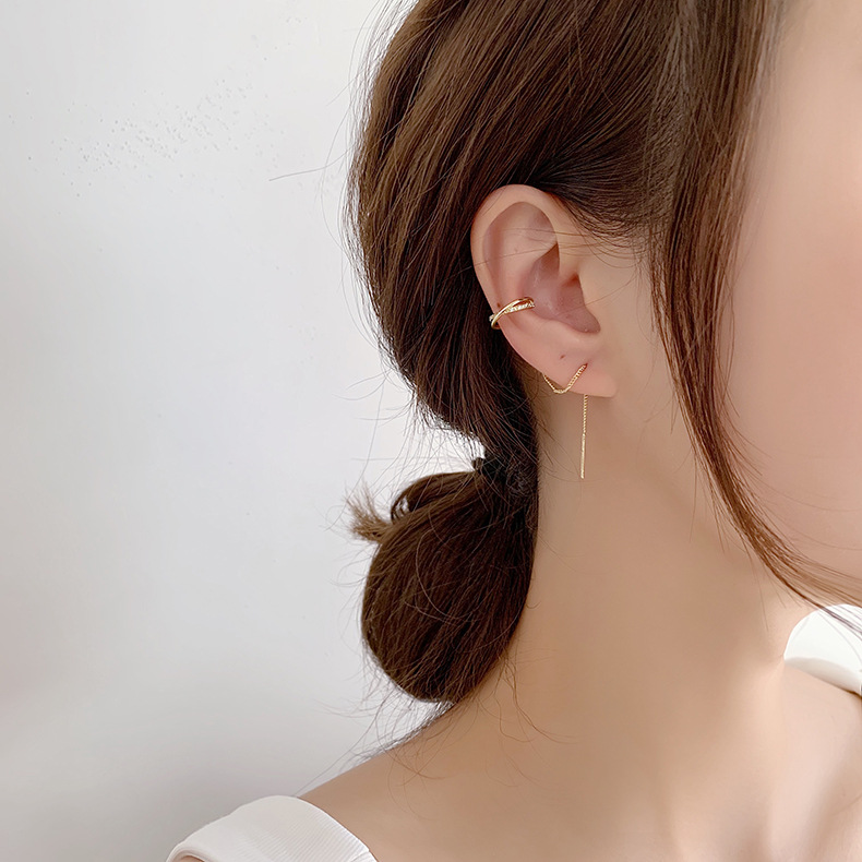 XiaoboACC 1 Chiếc Hoa Tai Thiết Kế Đính Đá Zircon Phối Tua Rua Và Kẹp Tai Phong Cách Hàn Quốc