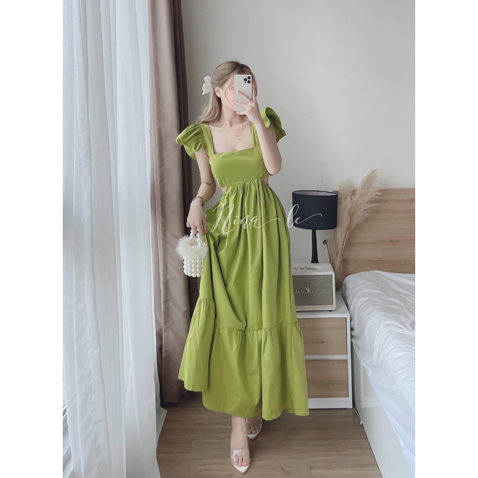 Váy đầm nữ maxi dáng xòe hai dây cánh tiên cột nơ lưng