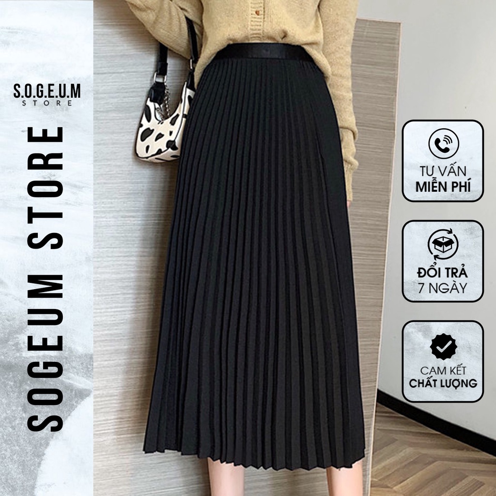 Chân váy dạ xếp ly dáng dài xòe cạp cao thêu sang trọng hàng QC sogeum.store