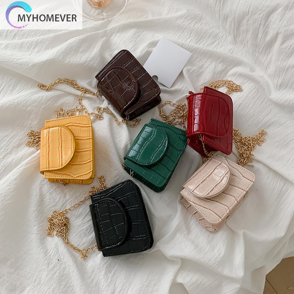 Túi Da Mini Màu Trơn Có Dây Xích Đeo Chéo Dành Cho Bạn Nữ