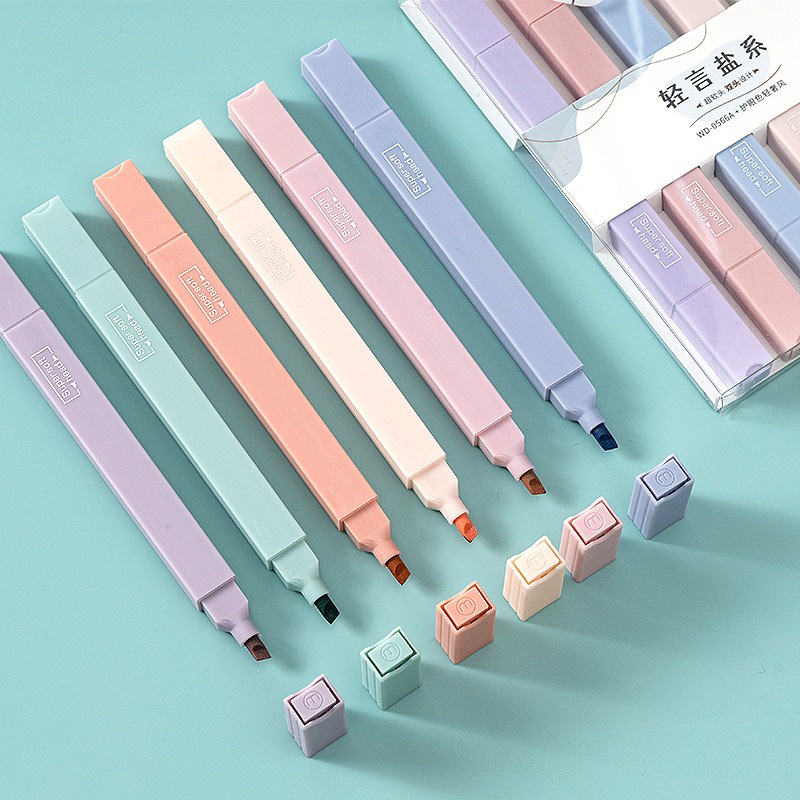 Bút highlight pastel 2 đánh dấu 2 đầu bút nhớ thân vuông nhiều màu Morandi