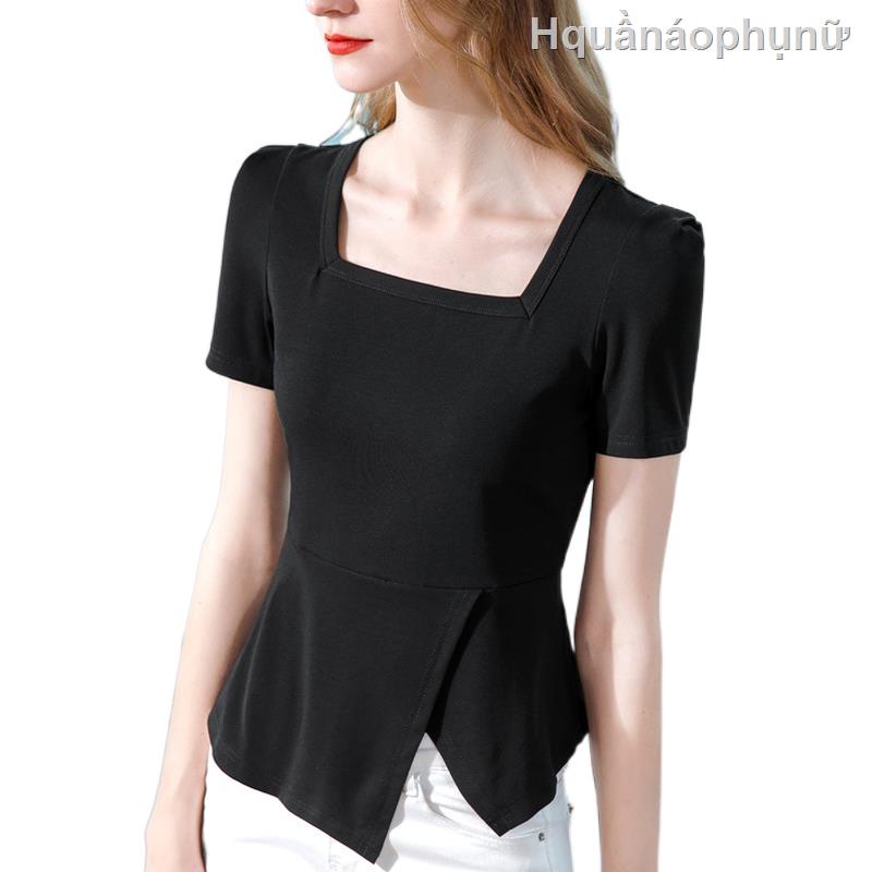 ❁Áo thun nữ cổ vuông trắng tay ngắn mùa hè có xương quai xanh cotton eo không đều kiểu Pháp gió nhẹ đầu