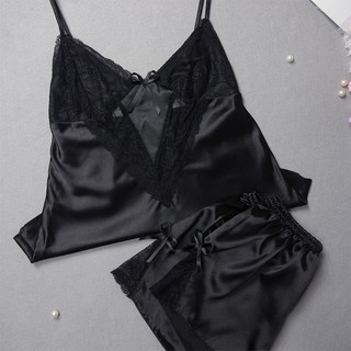 ĐỒ Bộ ngủ sexy satin lụa cổ tim phối ren nơ _váy ngủ sexy đồ mặc nhà #18VN130035
