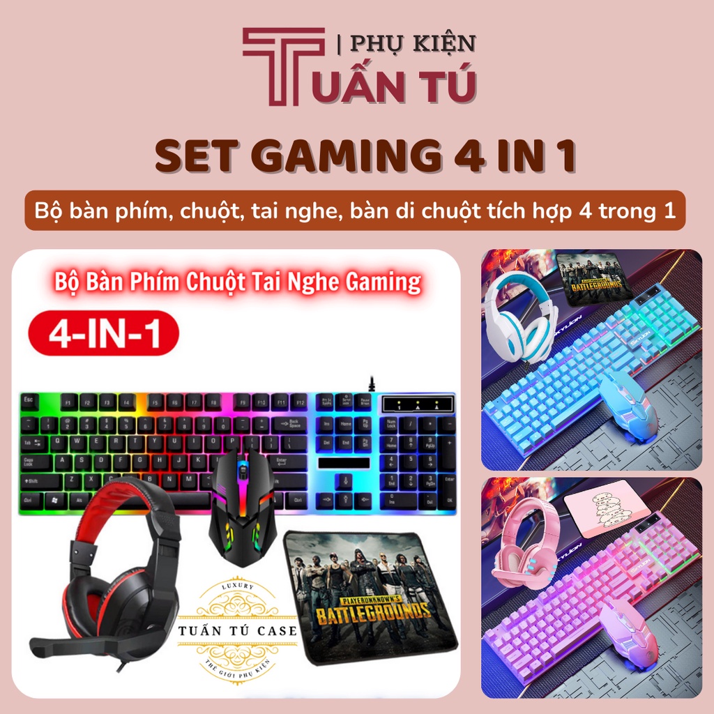 Set 4 món Bàn Phím Chuột Tai Nghe Lót Chuột Gaming cao cấp nhiều màu Hồng, Xanh Dương, Đen