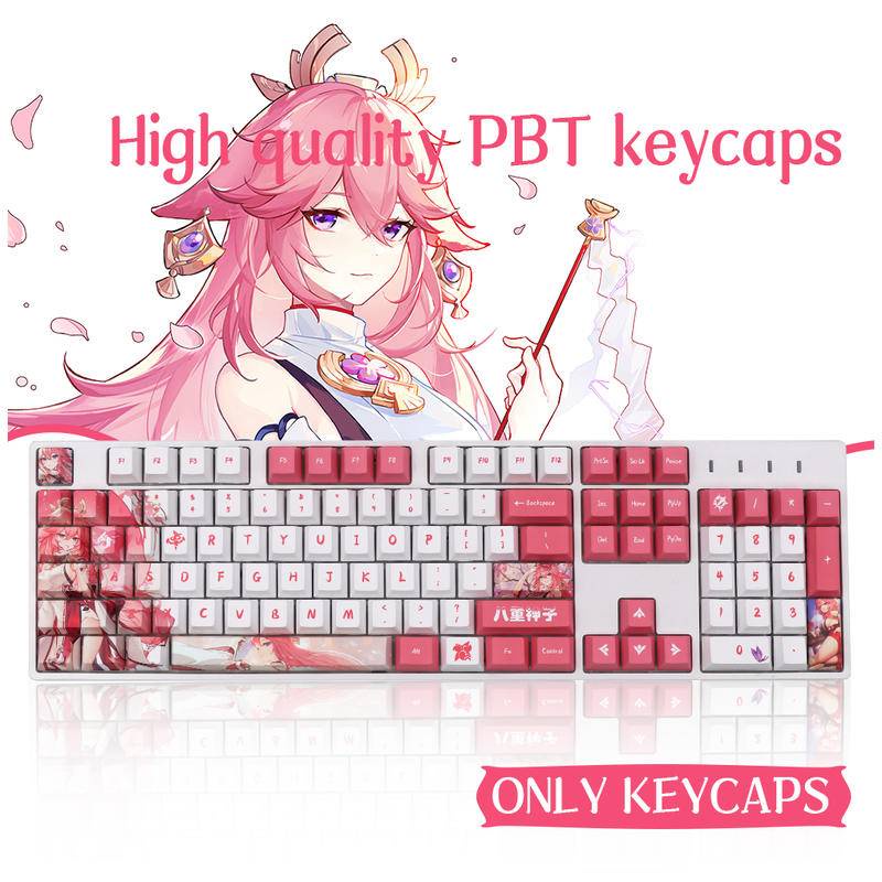 Set 132 Nút Bàn Phím Genshin Impact Yae Miko Keycap PBT Màu Hồng Trắng Cá Tính Mechanical Keyboard Dye Sub