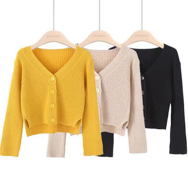 Áo Dệt Kim Nữ Tay Dài Cổ Chữ V Màu Sắc Đơn Giản Phong Cách Hàn Quốc