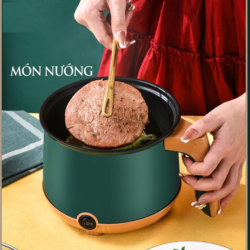 Nồi điện mini 2 tầng nấu lẩu chống dính cao cấp kèm khay hấp Inox có 2 nấc nhiệt 18cm(saban)