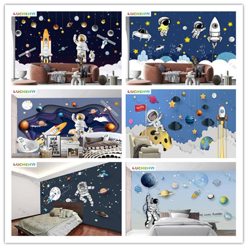 Giấy Dán Tường 3D Hình Vũ Trụ Hoạt Hình Trang Trí Phòng Ngủ Cho Bé