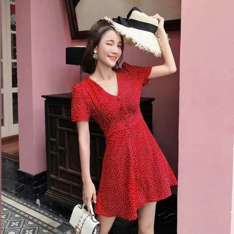 Đầm bi đỏ bo eo cổ v, đầm đỏ chấm bi cổ v, đầm chấm bi màu đỏ, đầm đỏ dáng xòe