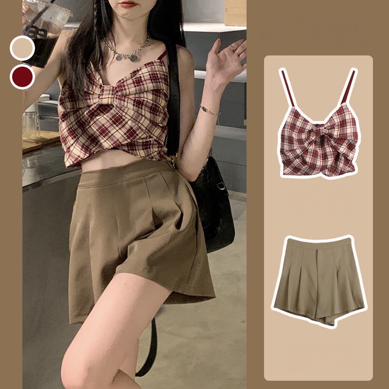 Thời trang nữ Chân váy xếp ly thắt lưng cao Suit Nơ Nút áo yếm Bộ hai mảnh JH-MX-14