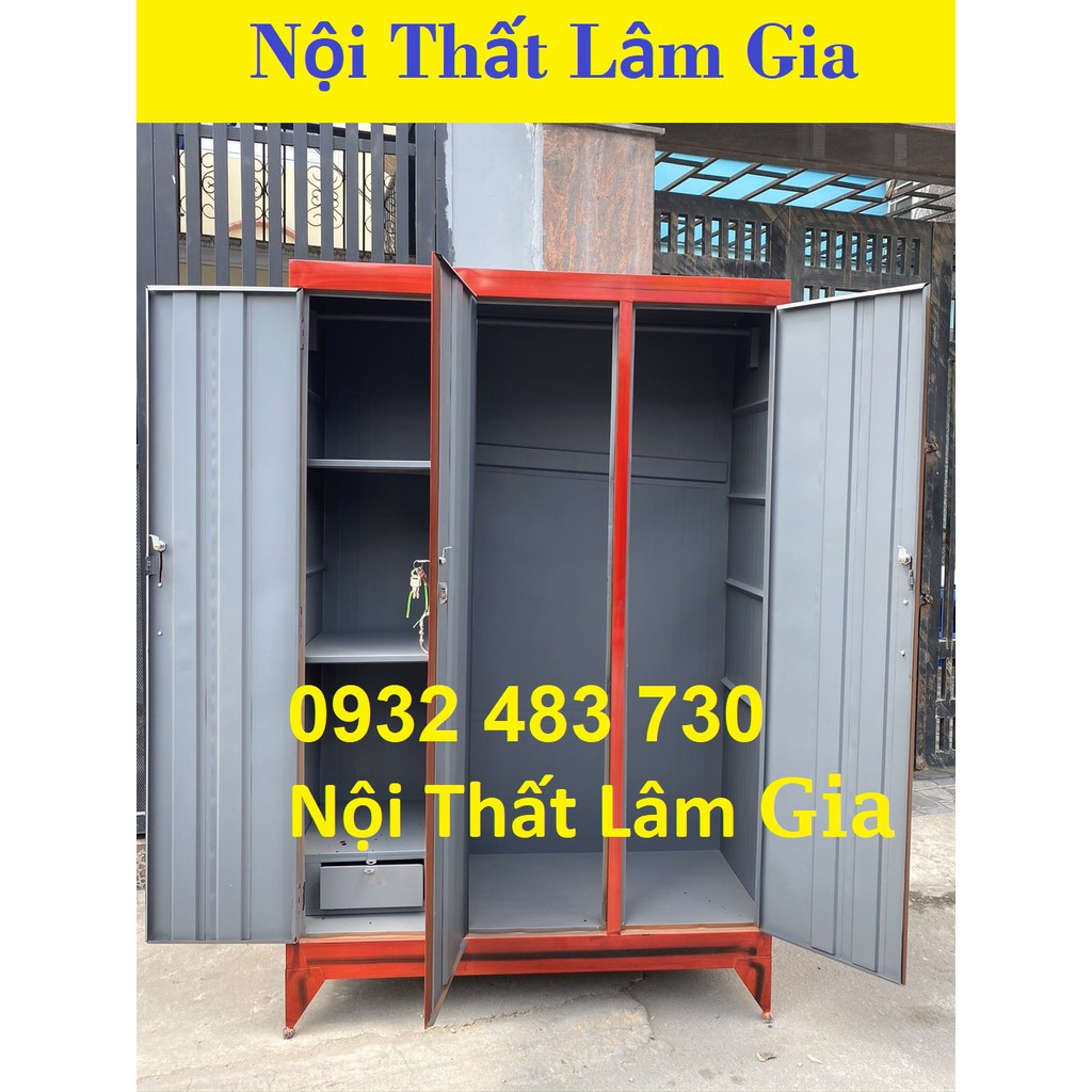 Tủ sắt quần áo ngang 1m2 3 cánh màu giả gỗ HCM