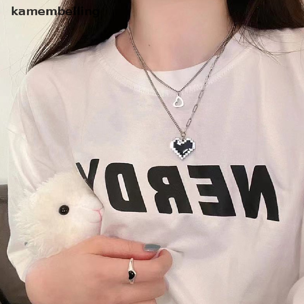 Dây Chuyền Dài Hai Lớp Mặt Trái Tim Khảm Hình Trái Tim Màu Đen Phong Cách Hip Hop Gothic Cho Nam Và Nữ