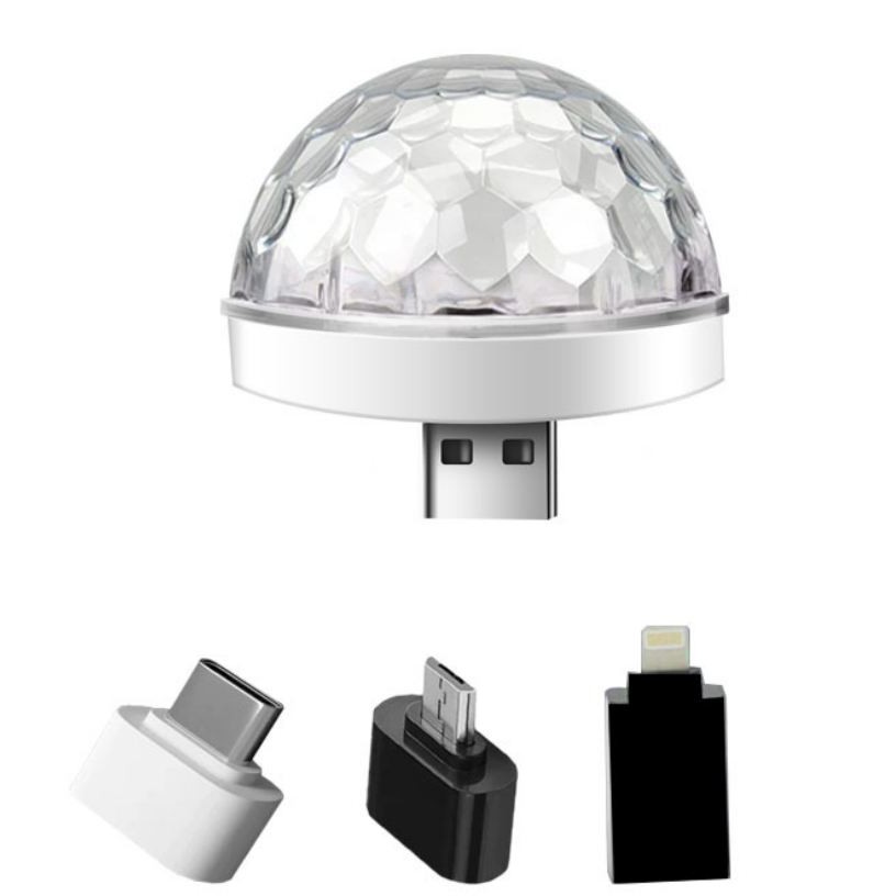 Đèn Led USB vũ trường cảm biến theo nhạc, có thể sử dụng trên điện thoại, Tặng đầu chuyển đổi Android + Type-C + Lightni