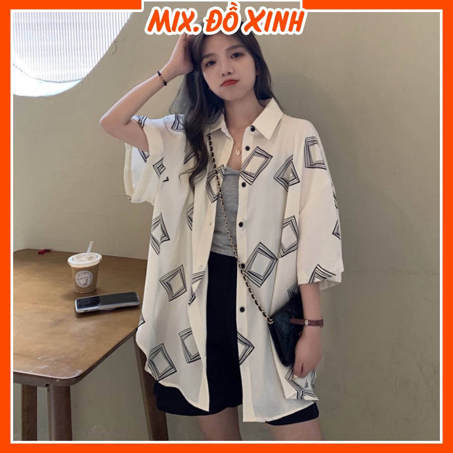 Áo sơ mi nữ form rộng tay lỡ, sơ mi kiểu nữ Mix. Đồ Xinh, chất liệu Đũi trơn mịn mát in hình Ô Vuông Đen Trắng