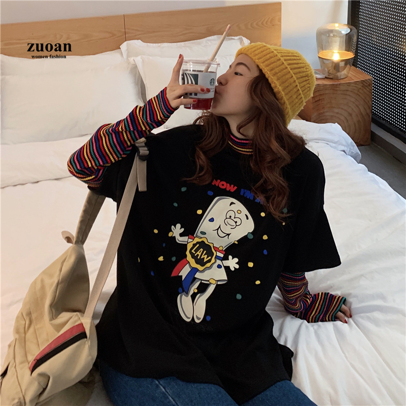 SUXI Áo Thun Hàn Quốc Tay Dài Phối Hoạ Tiết Hoạt Hình