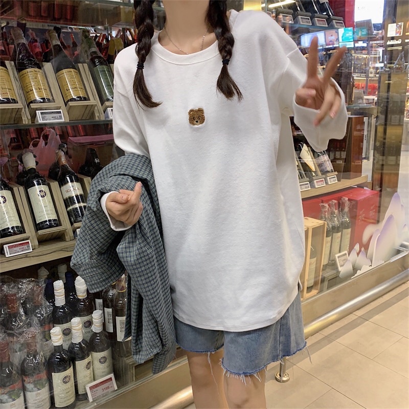 Áo Thun Dài tay Nữ cổ tròn form rộng, chất Nỉ bông dày dặn, hình gấu cute - Hàng QC | BigBuy360 - bigbuy360.vn