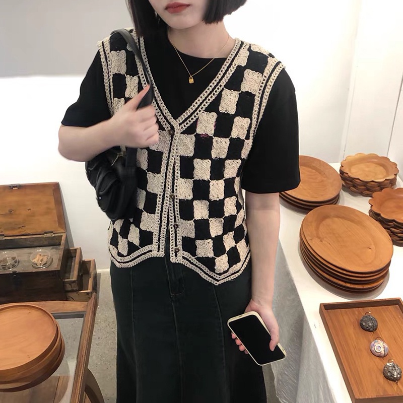 Áo Khoác Cardigan Không Tay Cổ Chữ V Họa Tiết Kẻ Sọc Kim Cương Thời Trang Thu Đông Dành Cho Nữ