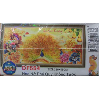 Tranh đính đá hoa nở phú quý khổng tước df554 - 110x55cm