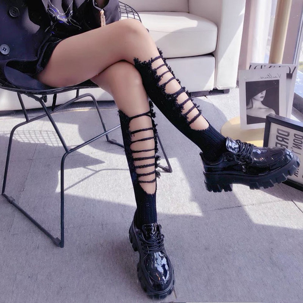 Vớ cotton cổ cao rách gối nhiều màu sắc phong cách hip hop cá tính cho nữ
