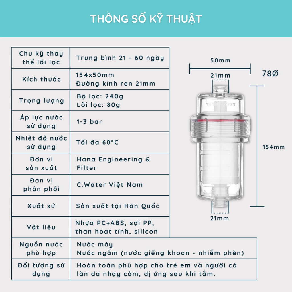 Bộ lọc nước tắm gắn vòi hoa sen Hana Water