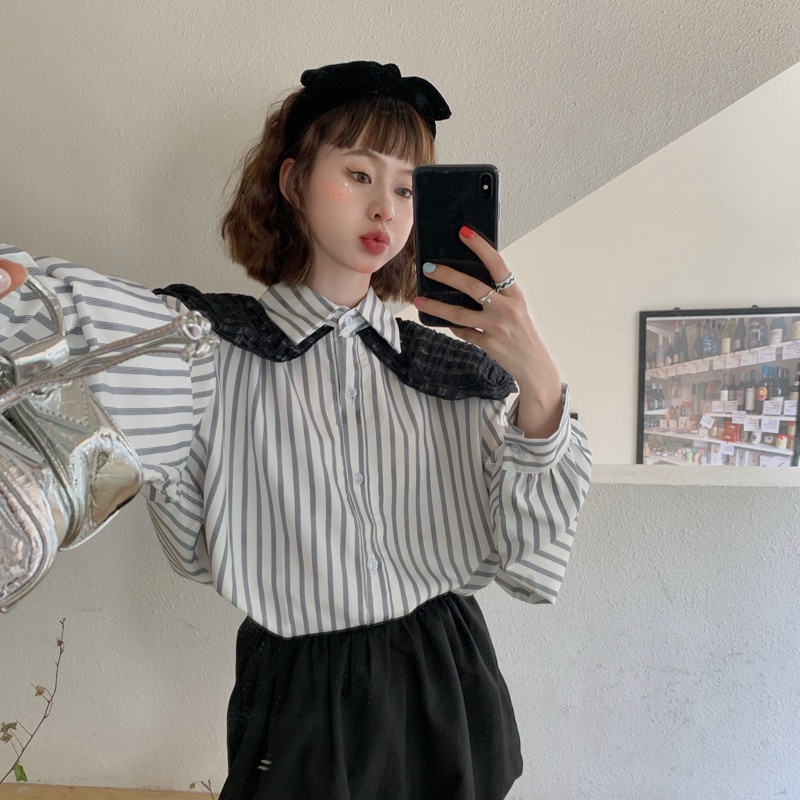 SUXI Áo Sơ Mi Tay Dài Kẻ Sọc Cổ Búp Bê Kèm Khăn Choàng Cổ Thời Trang Mùa Thu Cho Nữ