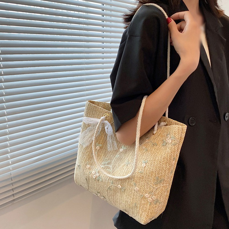 Túi Xách Nữ Túi Cói Đeo Vai Sức Chứa Lớn Phối Ren Thêu Họa Tiết Phong Cách Phương Tây Thời Trang Cho Nữ