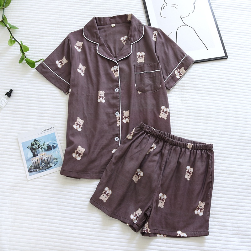 Bộ pyjama nữ vải xô Nhật hình gấu dễ thương, dáng ngắn