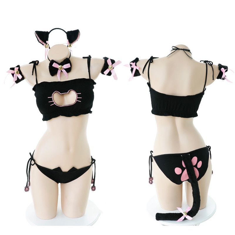 Trang phục Cosplay Neko đáng yêu dễ thương Cổ áo mèo Lolita Xỏ áo ngực Bộ ngắn gọn Đồ lót Đồ lót sexy Bell Choker + Lên trên + Quần lót + Đuôi