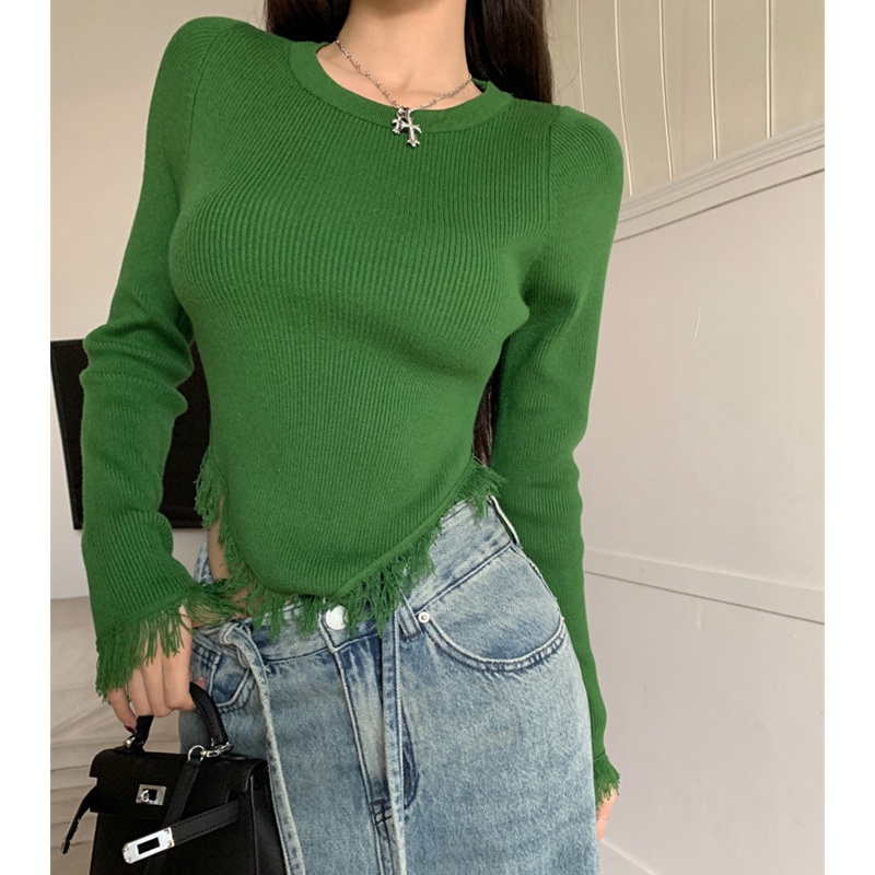 Áo Thun Tay Dài Dệt Kim Thiết Kế Tua Rua Hợp Thời Trang