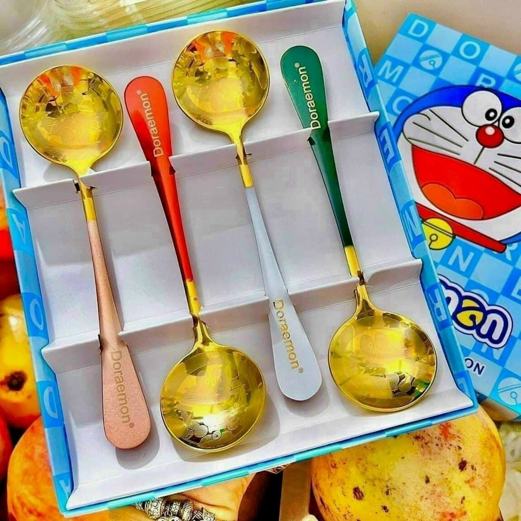 Bộ 4c Thìa Inox Doremon Mạ màu Cho Bé (ảnh thật)