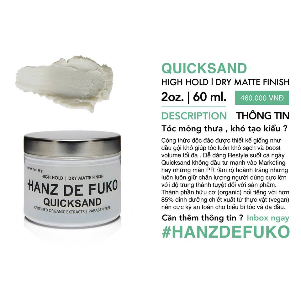 Sáp vuốt tóc nam Hanz De FuKo Quicksand , Claymation , tạo kiểu tóc , giữ nếp tóc