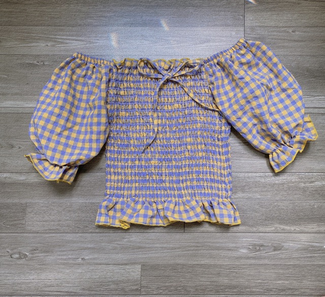áo bẹt vai caro nhún form croptop hàng chuẩn qc siêu xinh