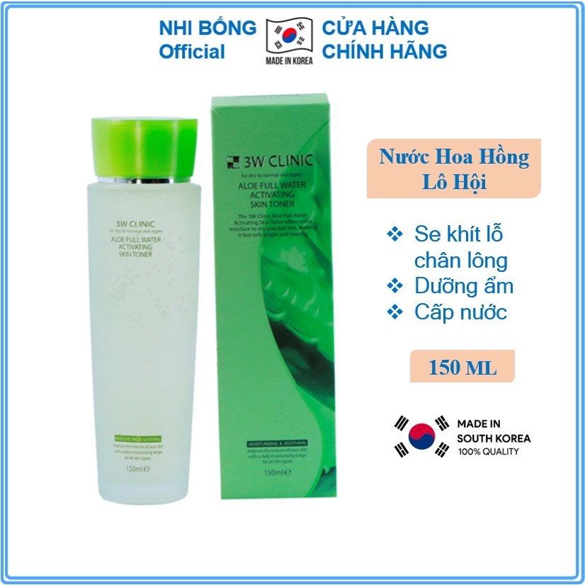 Nước hoa hồng dưỡng trắng da cấp nước se khít lỗ chân lông tinh chất Lô Hội 3W Clinic Hàn Quốc 150ml