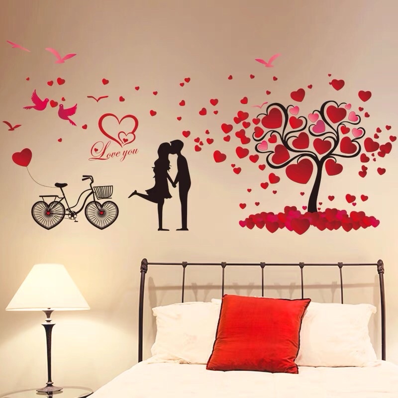 Decal dán tường cặp đôi tình nhân cây trái tim trang trí phòng cưới