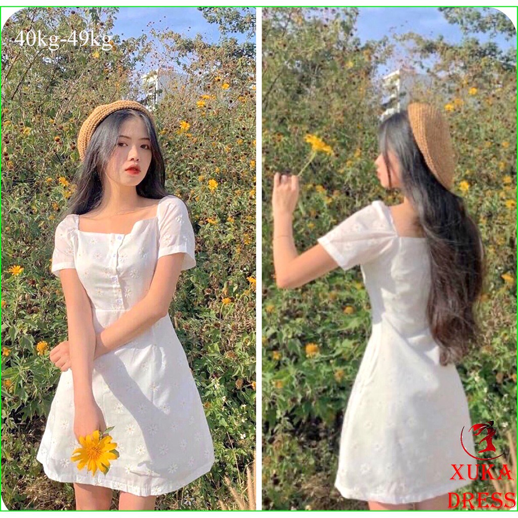 Đầm hoa cúc trắng cổ vuông phối nút xinh xắn phong cách thời trang XUKA-DRESS MT 006 -chất liệu Kate mềm mại.
