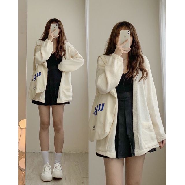Áo cardigan len trơn dáng dài form rộng 275, áo cardigan len nữ 2 túi trước