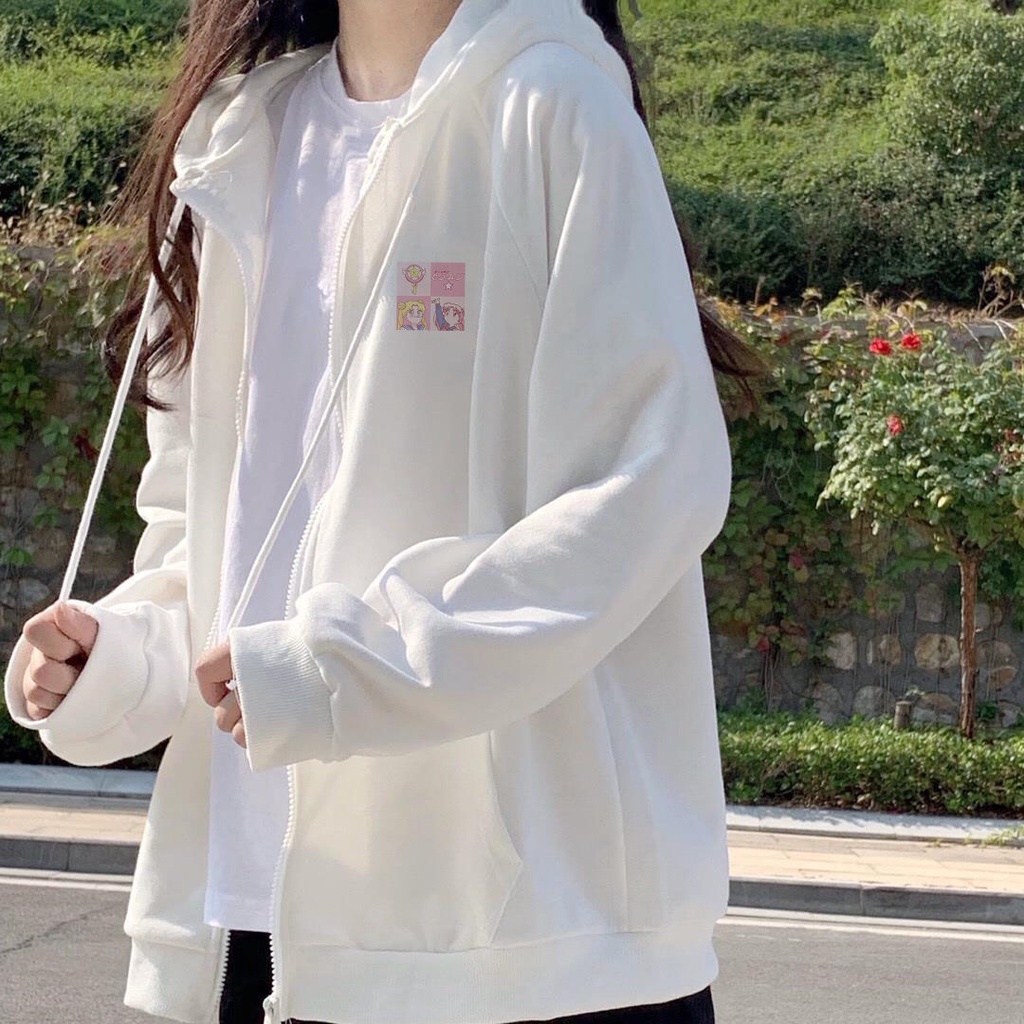Áo hoodie thể thao nữ dáng rộng phối khóe kéo in họa tiết cá tính phong cách Hàn Quốc