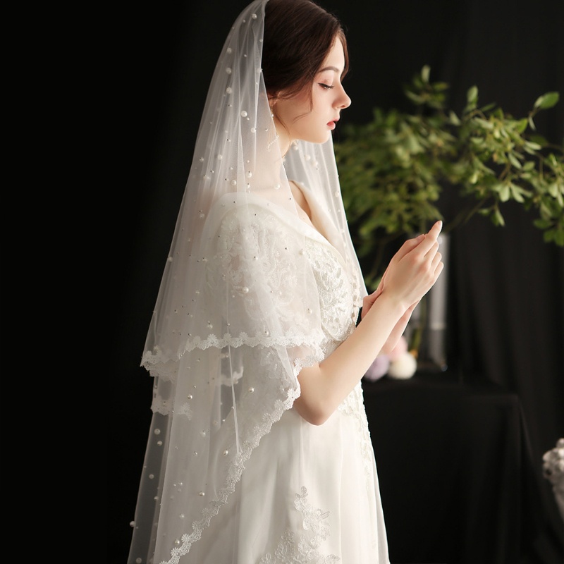 Mạng Che Mặt Vải Tuyn Hai Lớp Viền Ren Trang Trí Cho Cô Dâu
